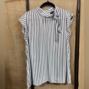 Ann Taylor Factory Navy and White Striped Tie Neck Blouse